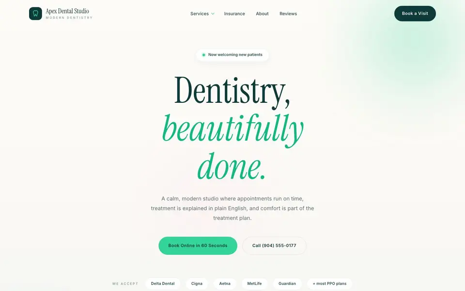 Apex Dental Studio website homepage (concept build), designed by Media Spearhead