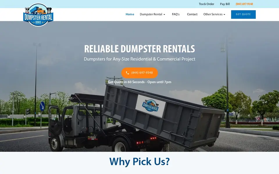 Homepage of Dumpster Rental Dogs, a website designed by Media Spearhead