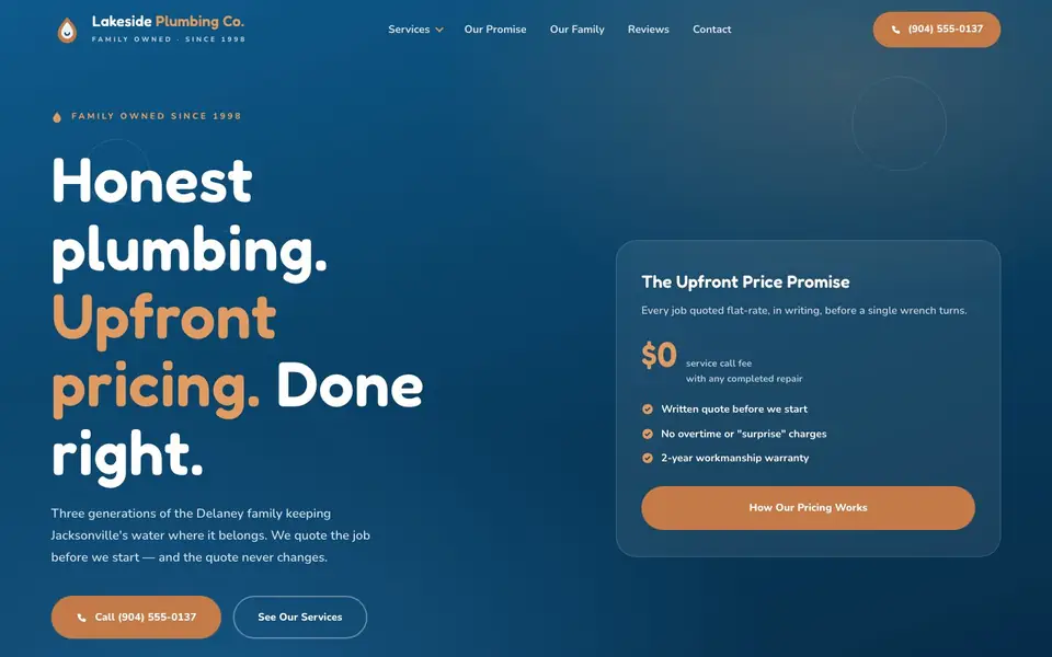 Lakeside Plumbing Co. website homepage (concept build), designed by Media Spearhead