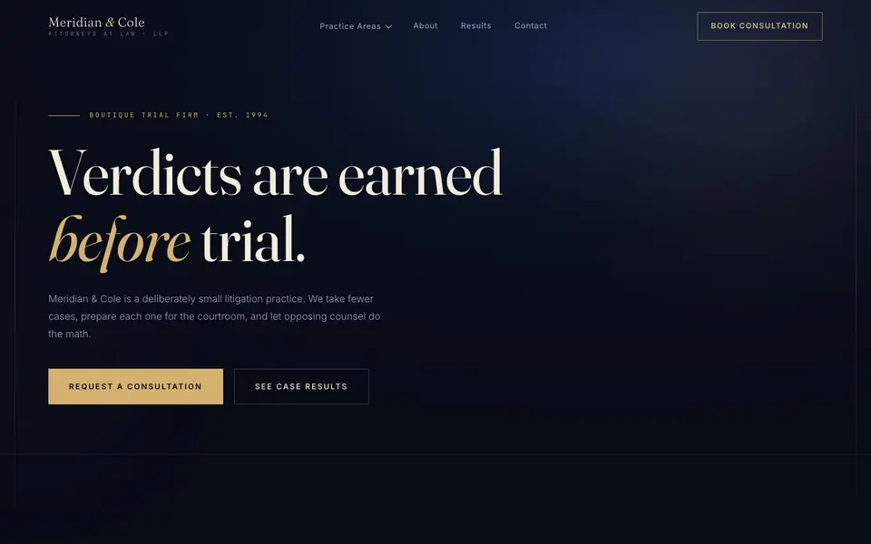 Meridian & Cole, LLP website homepage (concept build), designed by Media Spearhead