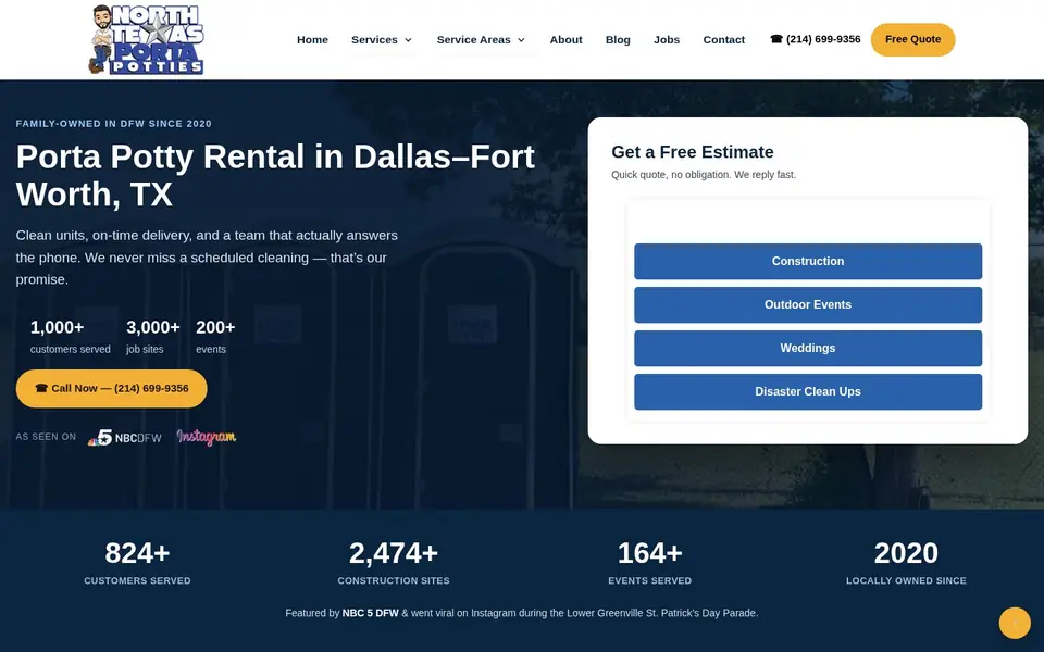 Homepage of NTX Porta Potties, a website designed by Media Spearhead