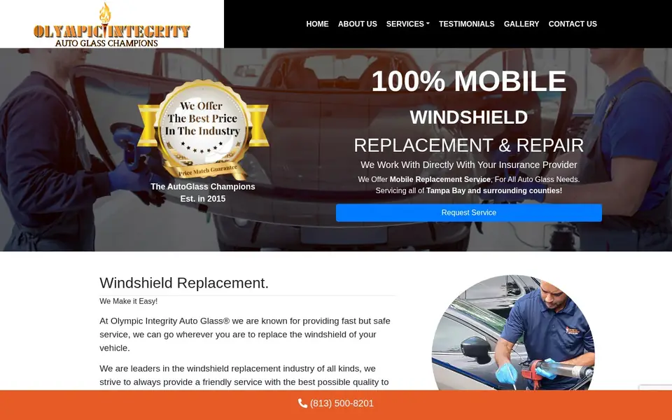 Homepage of Olympic Integrity Auto Glass, a website designed by Media Spearhead